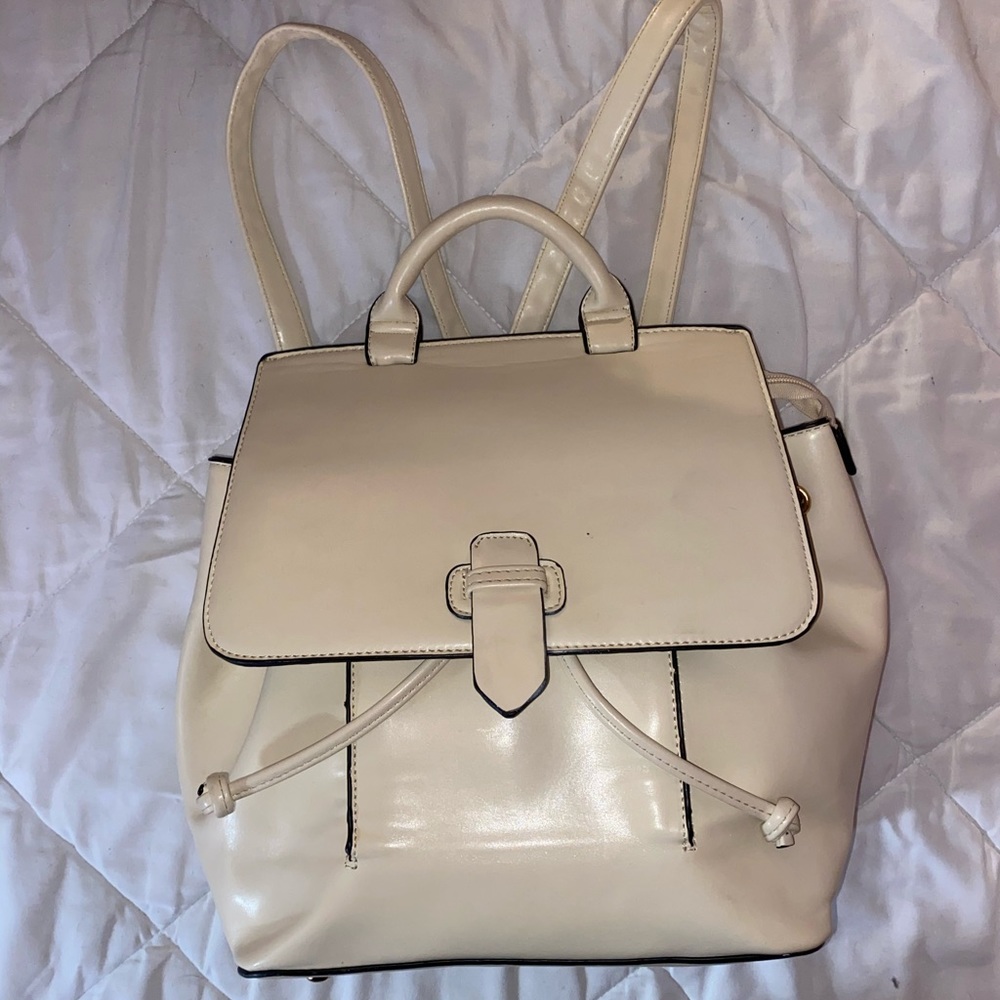 Faux Leather Cream Drawstring Backpack Book Bag